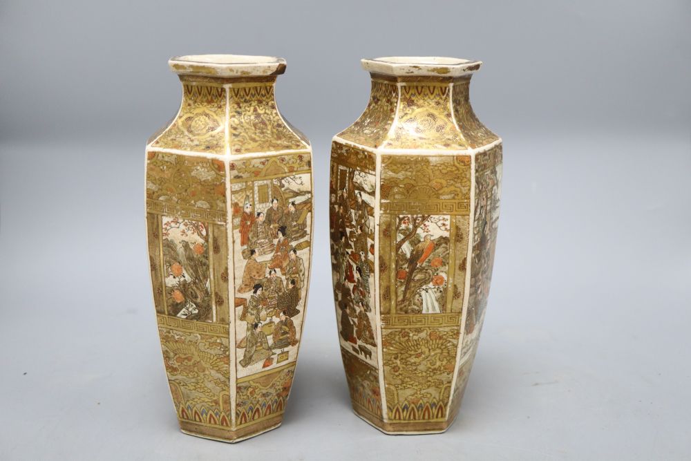 A pair of Japanese Satsuma hexagonal vases, height 24cm